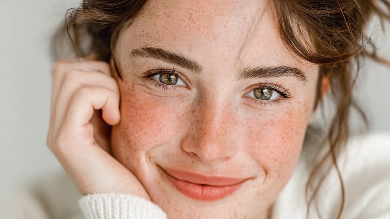 Una giovane donna radiosa con affascinanti lentiggini esprime calore e gioia attraverso il suo sorriso accattivante, creando un ritratto ravvicinato delizioso e invitante.