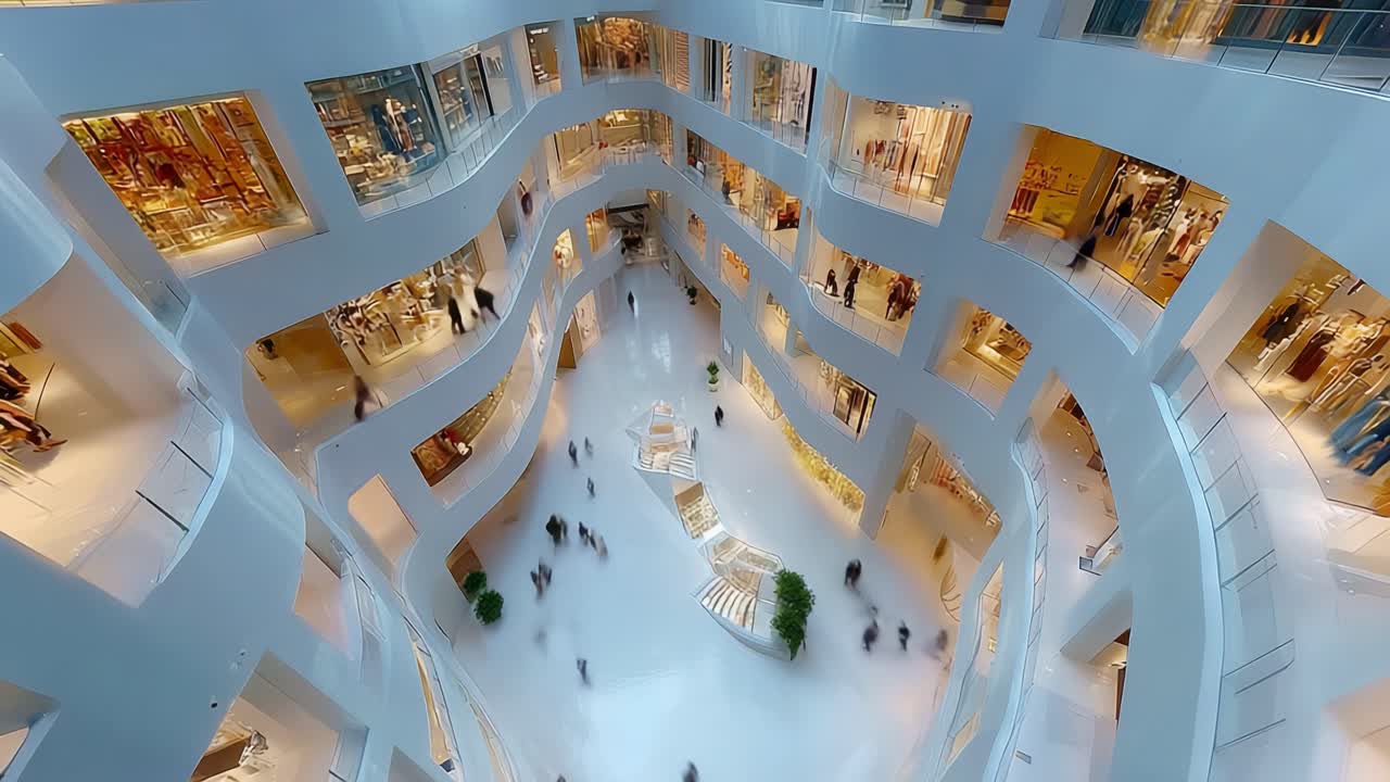 Aerial View of a Modern Shopping Mall Featuring Multi-Level Architecture, Stylish Storefronts, and Shoppers Exploring Inside a Spacious, Brightly Lit Interior