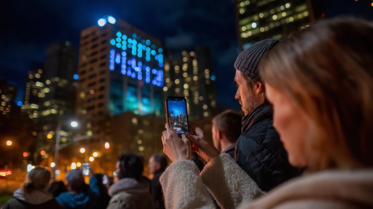 Captivating Urban Night Scene: Onlookers Engaged with Vibrant Light Display While Using Smartphones to Capture the Enthralling Show with Skyscrapers Illuminated in Background