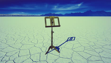 lonely easel standing amidst the vast white expanse of a salt flat