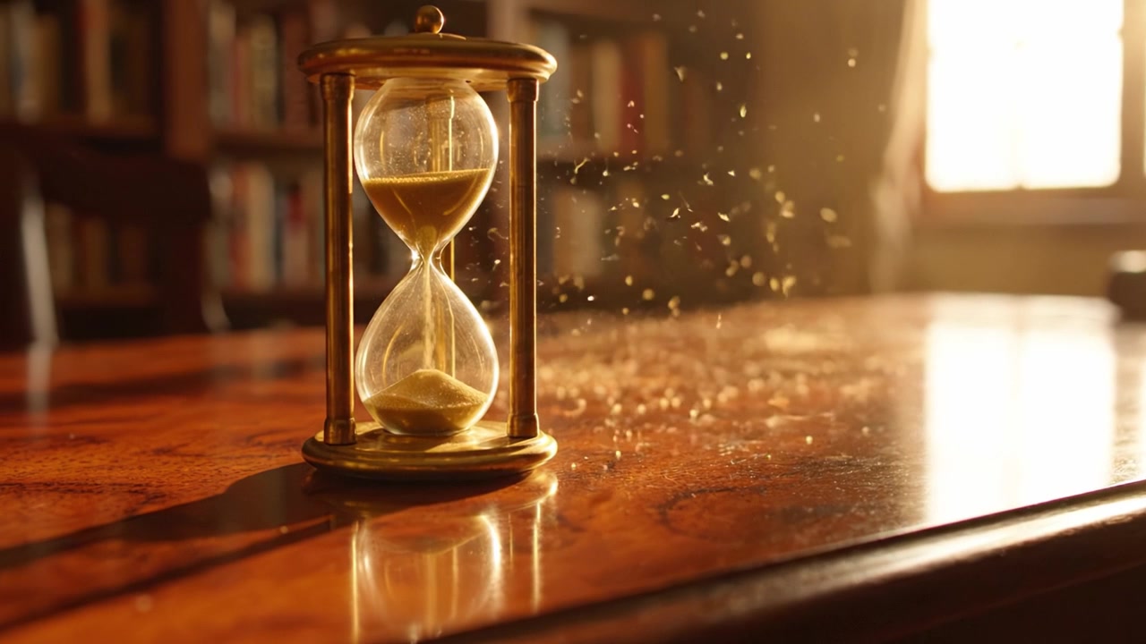 Beautifully Captured Hourglass Displaying the Passage of Time with Soft Sunlight Highlights and Dust Particles in a Cozy Environment Filled with Books