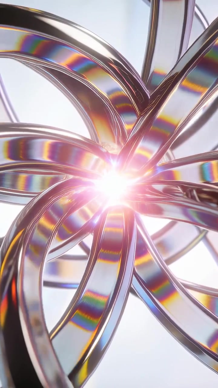 Video verticale: Telecamera in movimento che inquadra fasce ad anello che ruotano, luce che pulsa, mostrando sfumature in studio