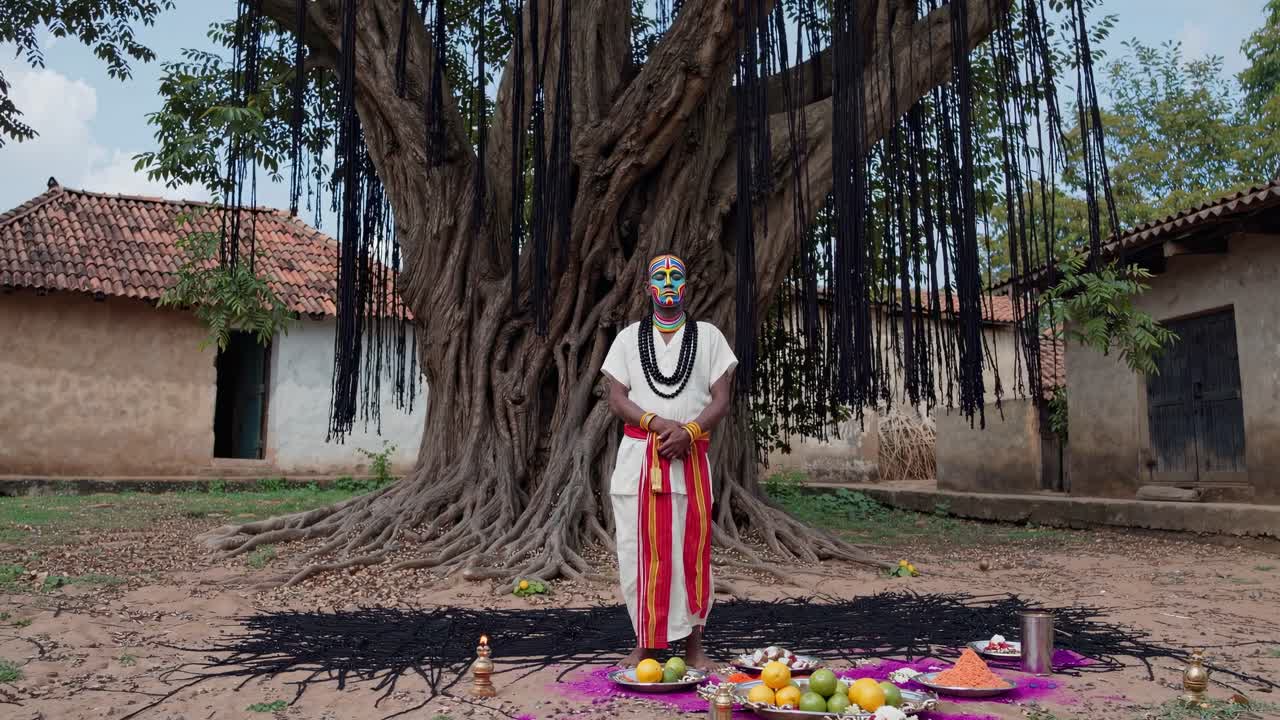 Individual in traditional attire performs a ritual under a large tree, showcasing vibrant colors and intricate details of the ceremonial setup in a serene environment