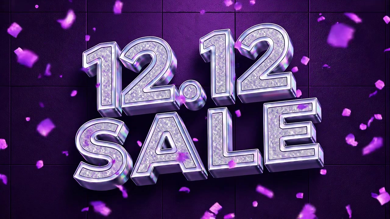 Grafica Promozionale "Saldi 12.12" con Coriandoli Viola Cadenti