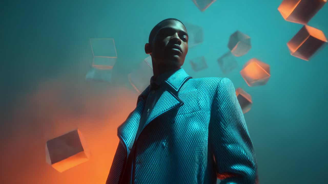 A striking figure stands confidently under ethereal lighting, surrounded by shimmering geometric shapes that reflect vibrant hues, creating a mesmerizing contrast of colors and textures in this captivating scene