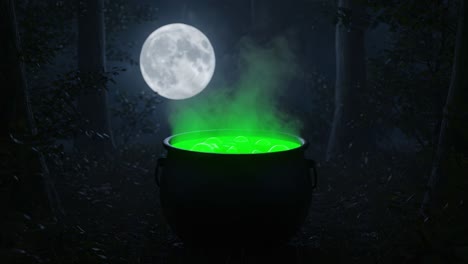 Halloween Cauldron in a Dark Forest Under the Moon