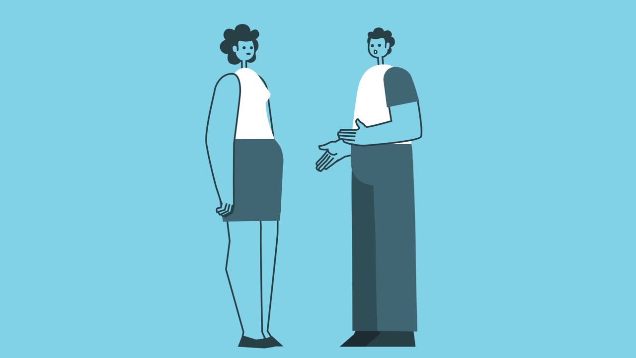 남자와 여자가 의사소통하고 이야기합니다. 평평한 디자인 만화 캐릭터 고립 루프 2d 애니메이션