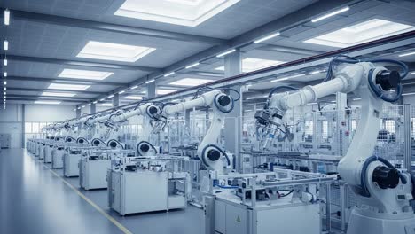 a sophisticated assembly line featuring advanced industrial robots in a modern manufacturing facility, showcasing efficient automation and cutting-edge technology.
