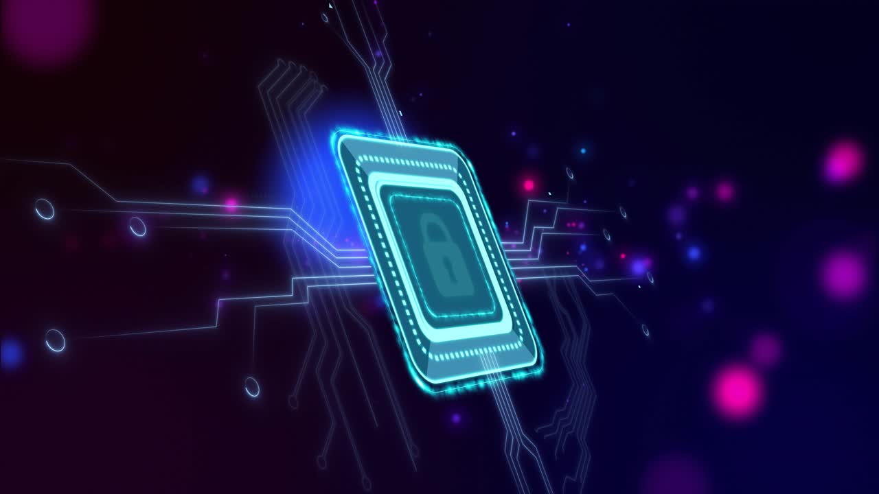 Cyan module appearing center, rotating and pulsing, circuits animating outward, showing locked icon