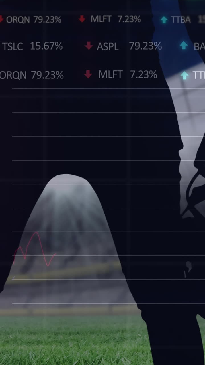Animation of graphs and data processing over midsection of american football player at stadium