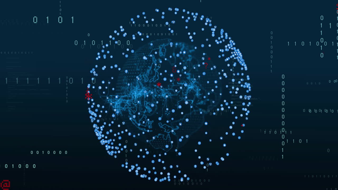 Animation of digital data processing over globe on dark background