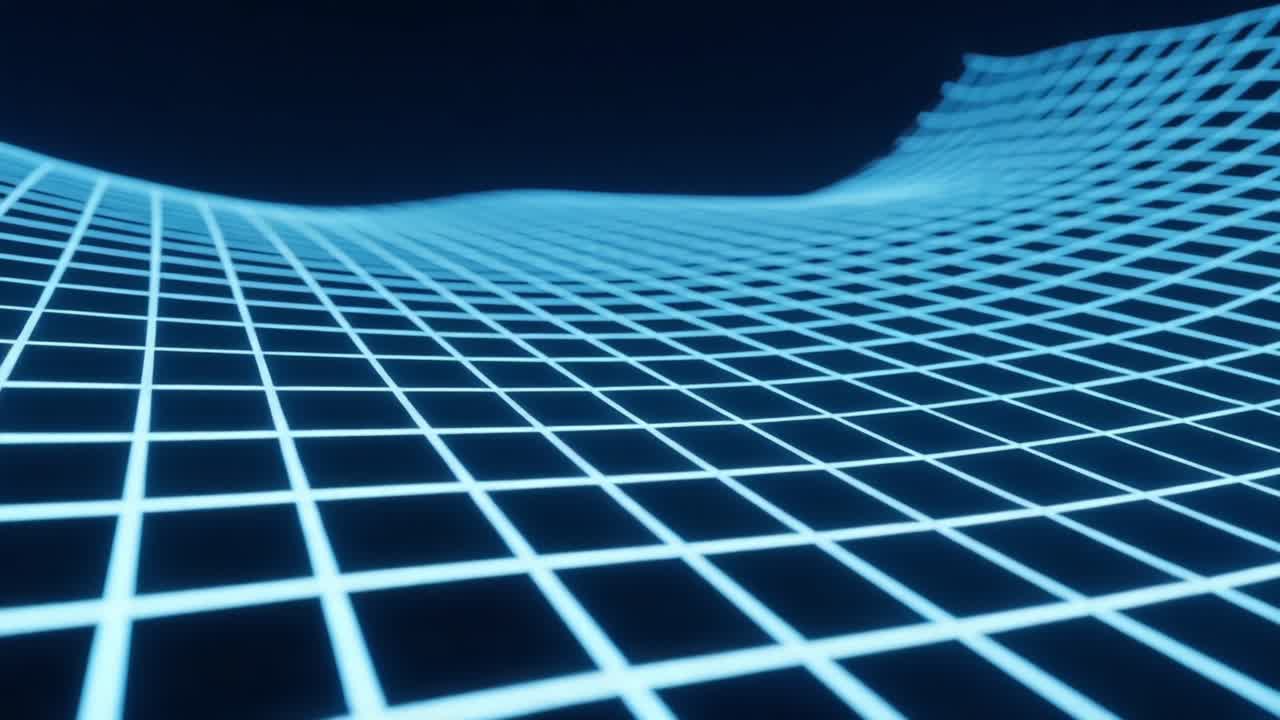 Abstract Visualization of a Wireframe Grid in Motion, Showcasing a Flowing Surface with a Neon Blue Glow Against a Dark Background, Perfect for Digital Art and Animation