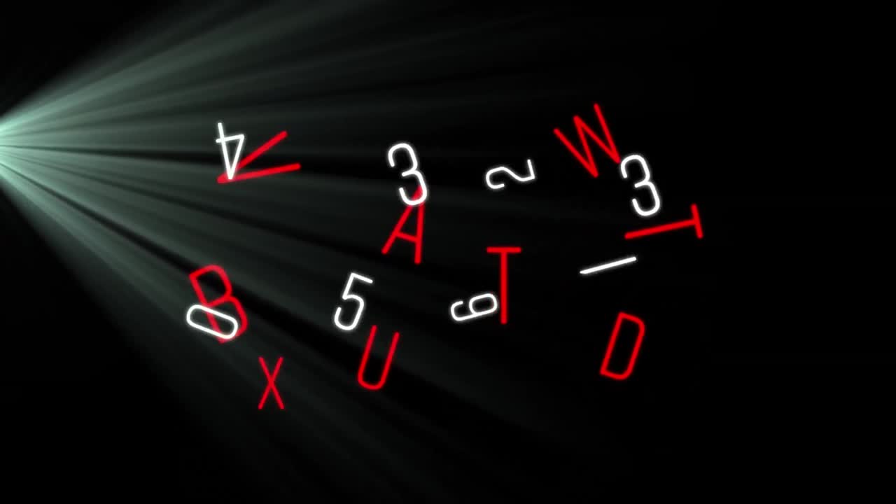 검은색 배경에 빛  ⁇ 으로 변화하는  ⁇ 색 숫자와 빨간색 글자의 애니메이션