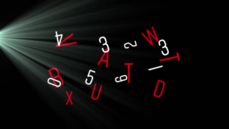 Animation-of-changing-white-numbers-and-red-letters-with-light-beams-on-black-background