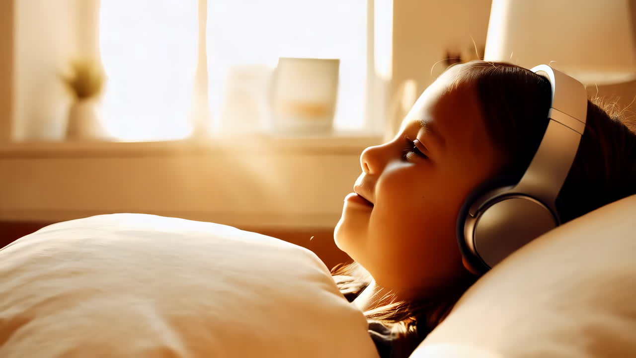Girl Listening to Music in Bed