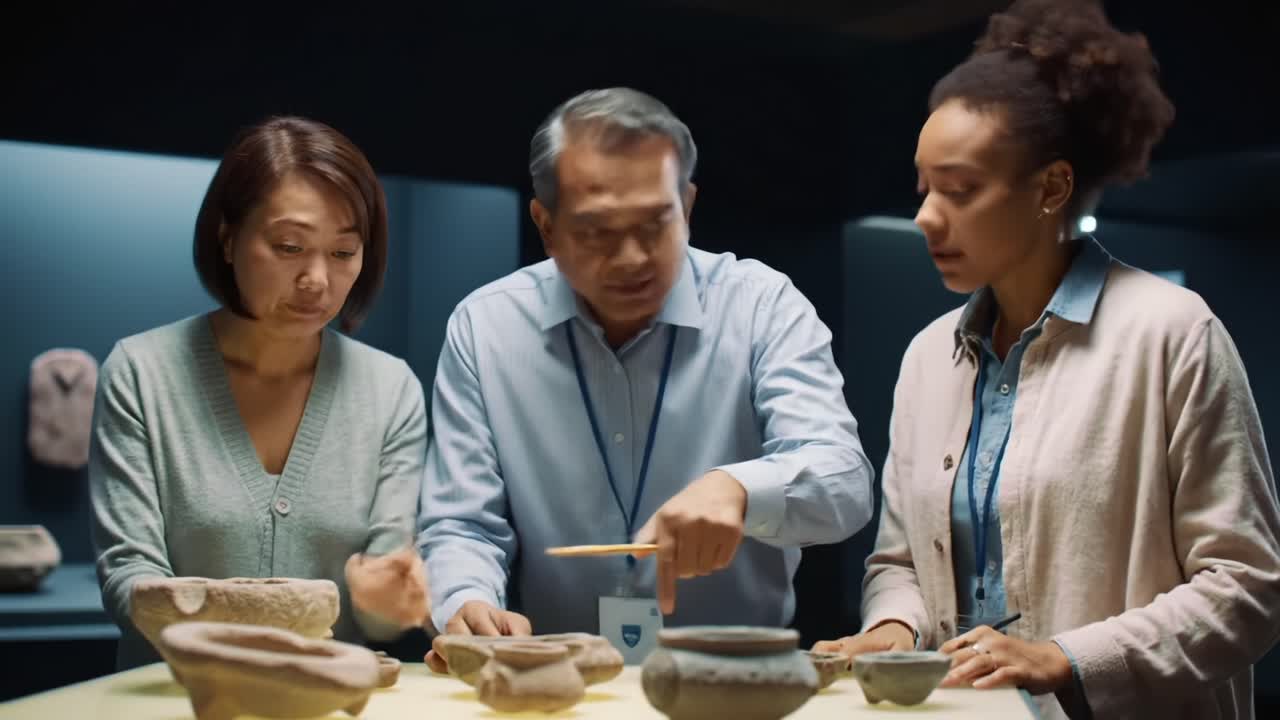 A Group Discussion on Ancient Pottery Techniques and Cultural Significance at a Museum Exhibit, Engaging Attendees in a Historical Dialogue