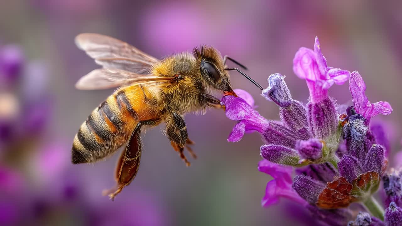 Close-Up of a Honey Bee Pollinating Vibrant Lavender Flowers in a Beautiful Garden Setting, Showcasing Nature’s Intricate Relationship Between Insects and Plants