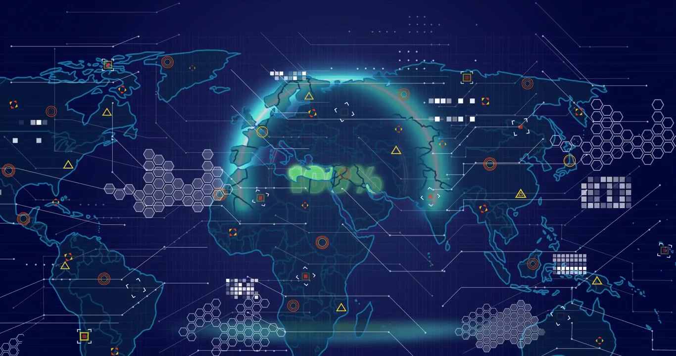 System initiating global scan, cyan arc forming and growing while icons popping and 100% syncing
