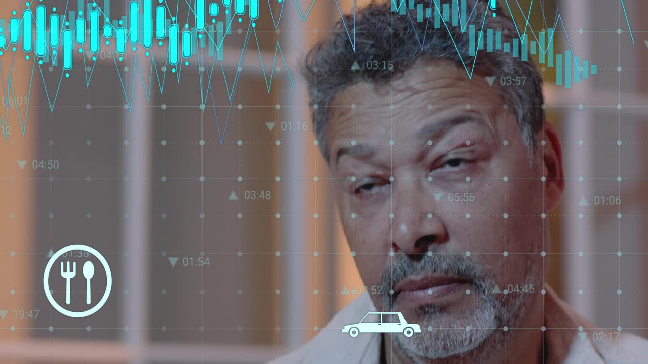 Mature man using floating teal finance charts appearing, tapping sector icons and evaluating assets