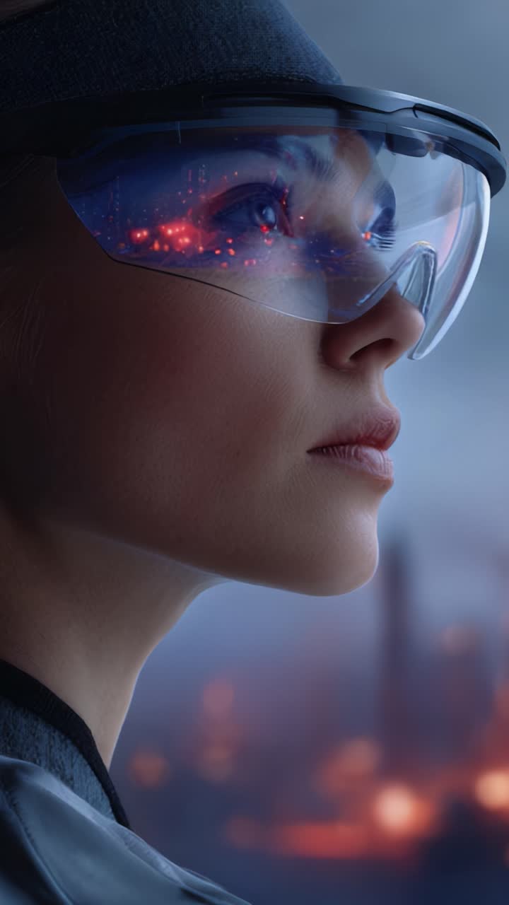 Un ritratto futuristico di una donna che indossa occhiali avanzati, con intricate schermate digitali e riflessi, ambientato in un paesaggio cibernetico