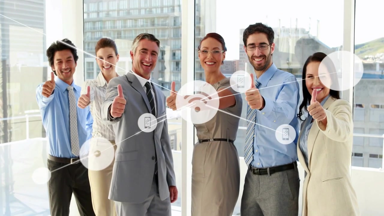 Business team pointing initiating network overlay expanding nodes and icons, boosting connectivity
