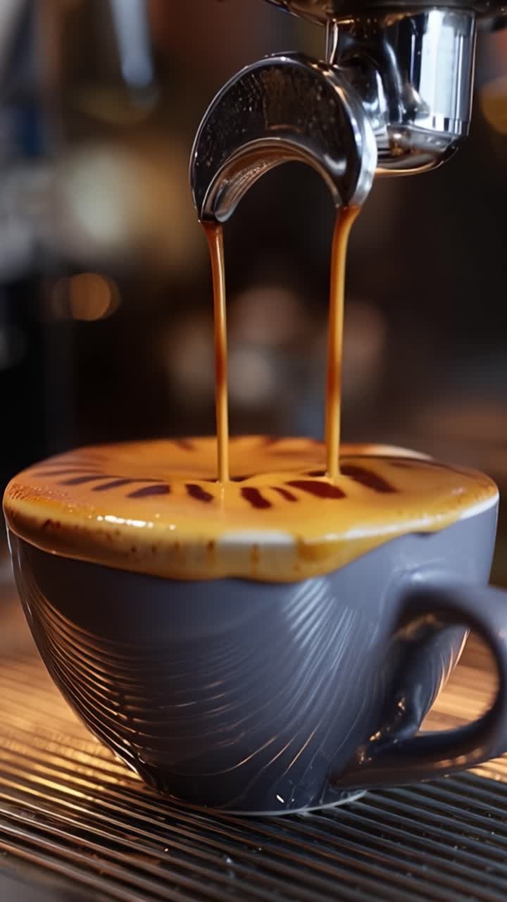Un Primo Piano di Espresso Versato in una Tazza, Che Mostra il Colore Intenso e la Consistenza Cremosa del Caffè Preparato da una Macchina per Espresso