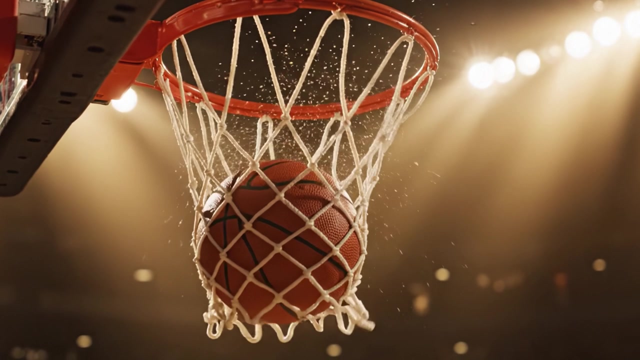 Primo piano dinamico di un canestro da basket sotto le luci dell'arena, catturando l'essenza degli sport competitivi e dello spirito di squadra nel cuore del gioco