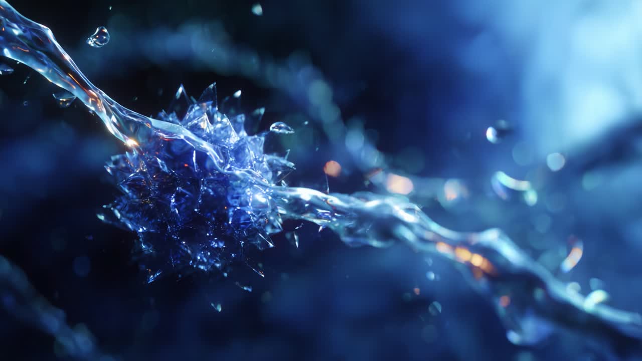 Intricate Macro View of a Unique Blue Crystal Structure Connected by Fluid Movement, Showcasing the Beauty of Nature's Microcosm and Dynamic Interactions