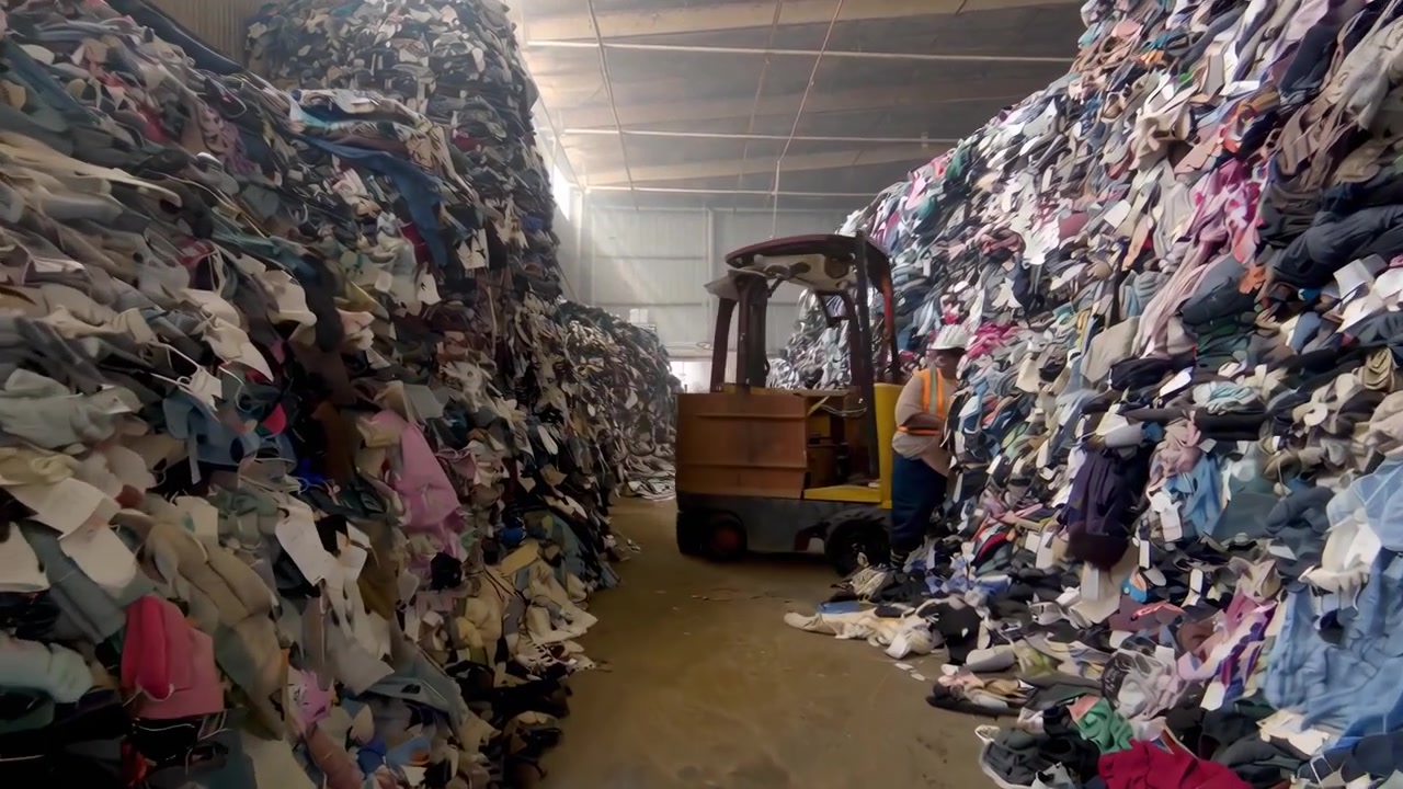Massive Piles of Used Clothes in a Textile Recycling Warehouse