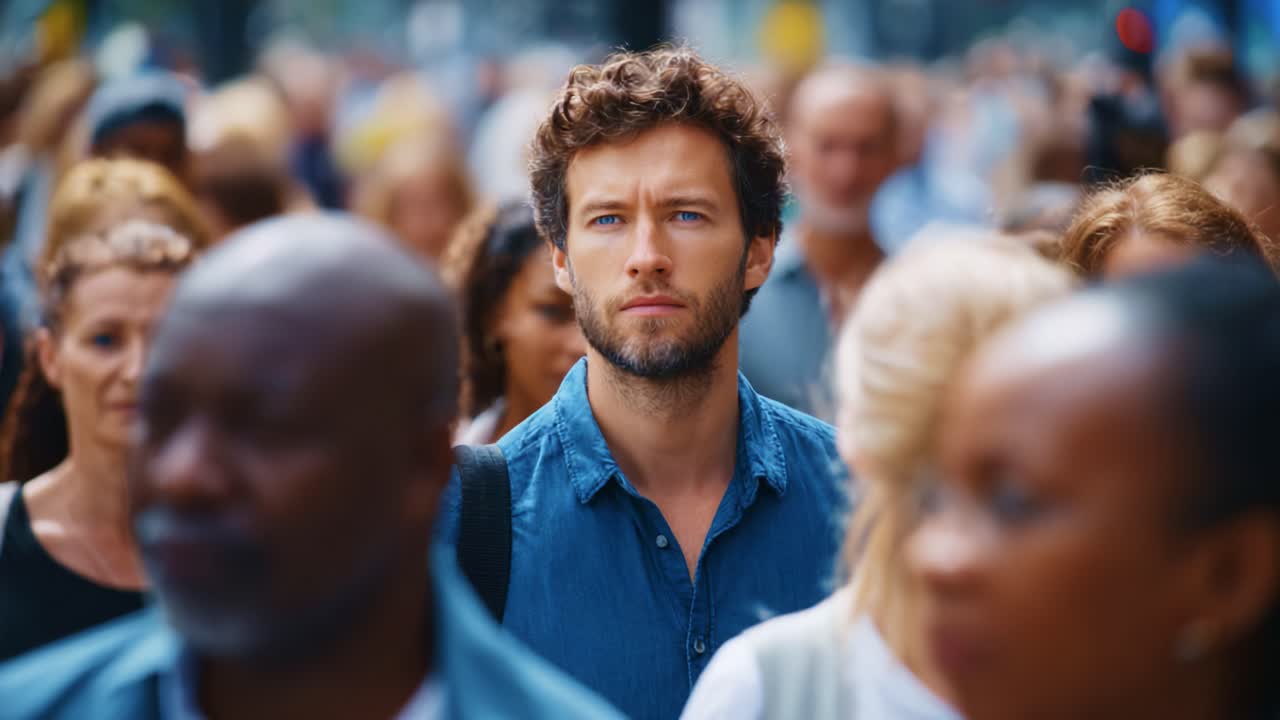 An Introspective Individual Navigating Through a Crowded City Street, Reflecting on Life amid a Sea of People with Diverse Faces and Expressions
