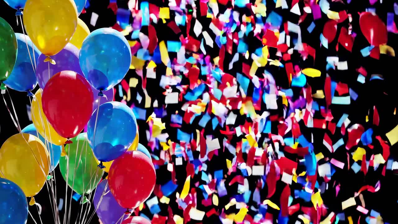 Colorful balloons and confetti fill the frame in a festive celebration video