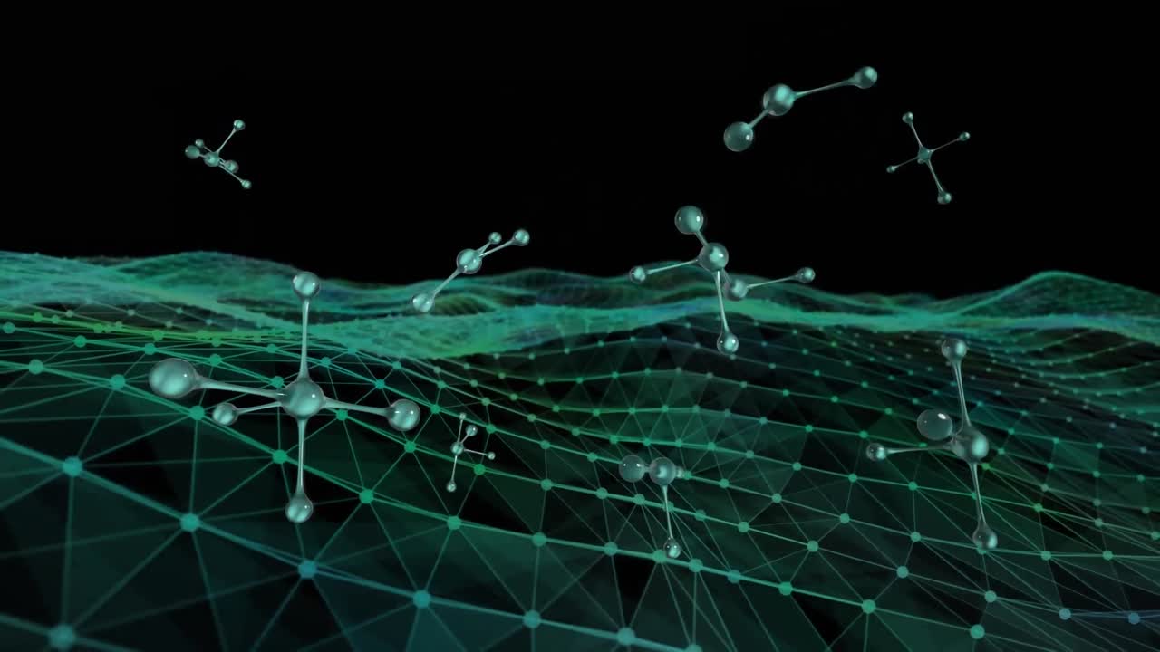 Molecule structure moving against digital wave on black background