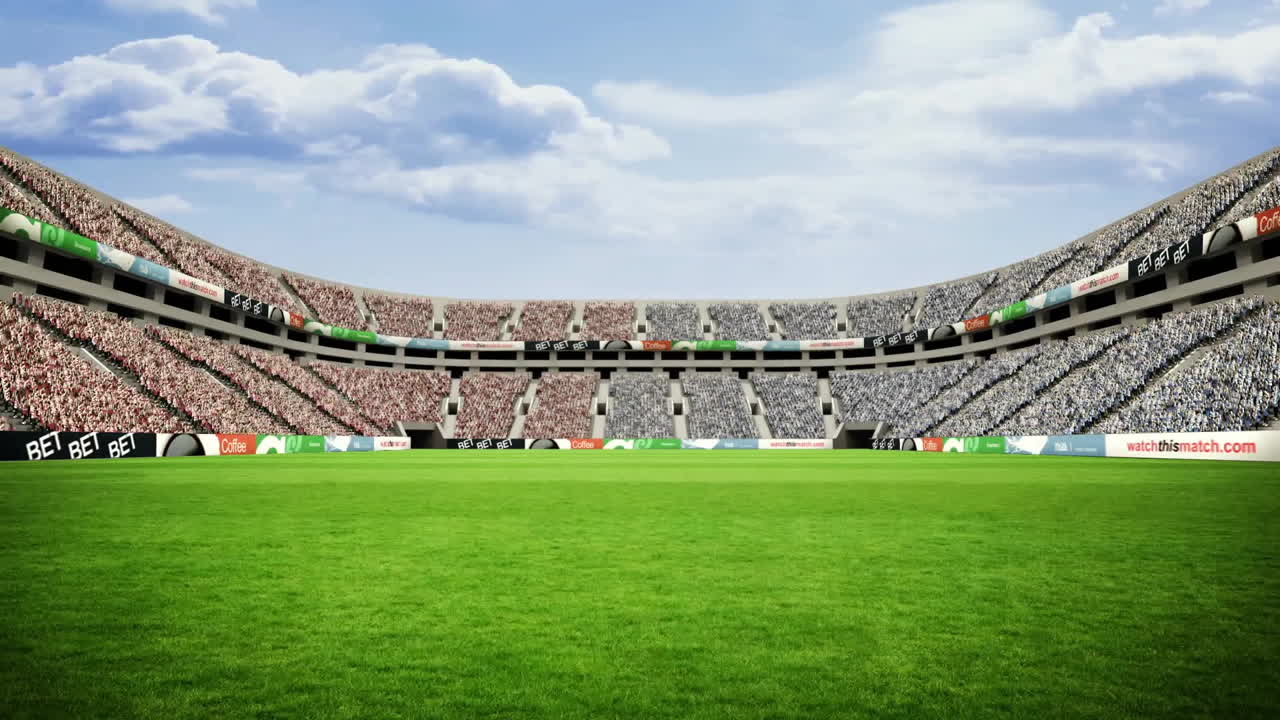 In school, animation of vibrant green soccer field under partly cloudy sky
