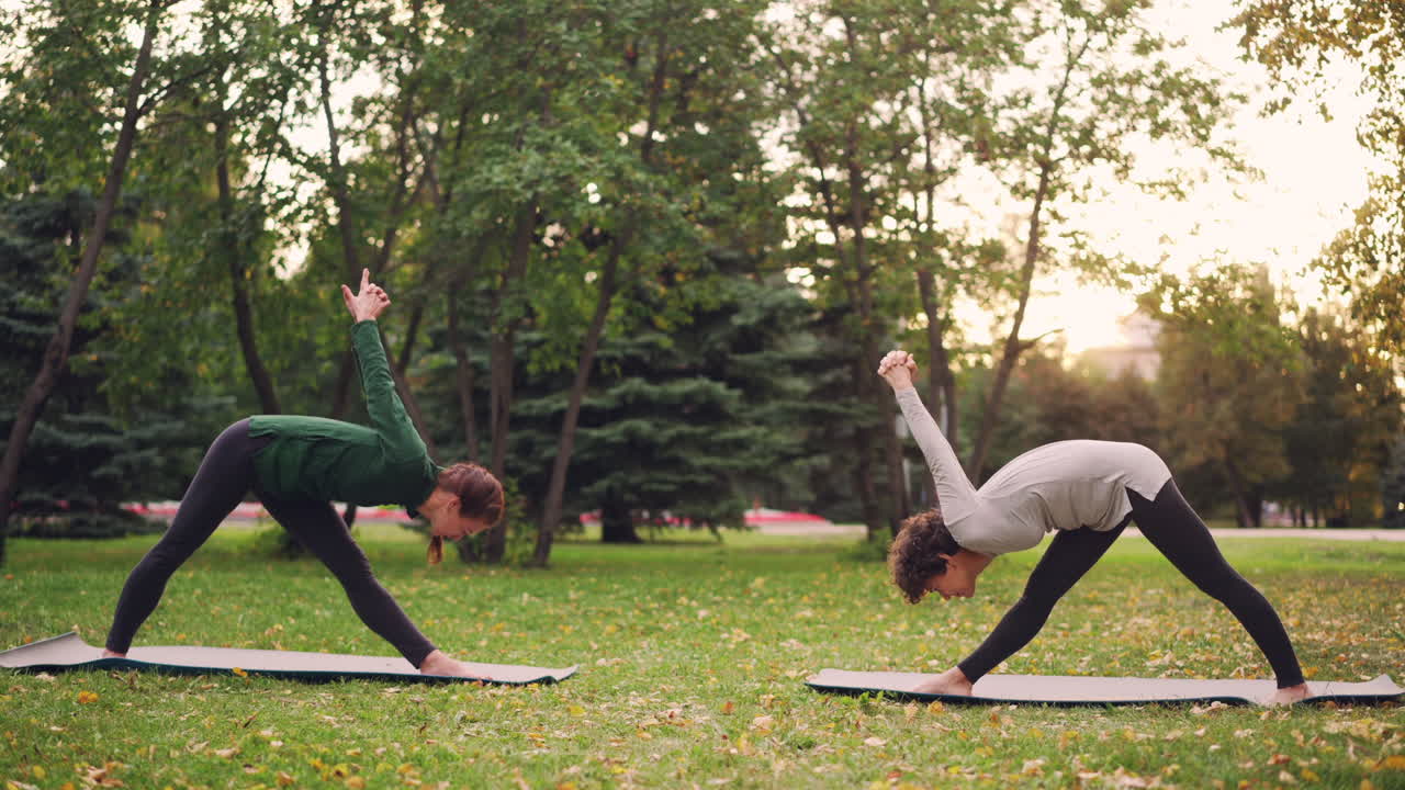 Due donne che praticano lo yoga in un parco