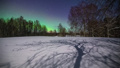 Shadows-from-the-moonlight-cross-the-snow-as-the-aurora-borealis-glows-and-stars-twinkle---time-lapse