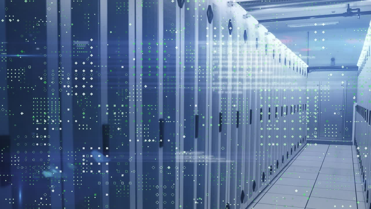 Animation of illuminated dots forming geometric shapes and computer language over server room