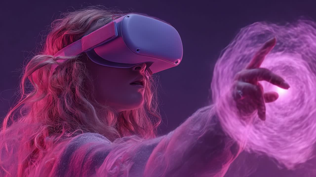 Una donna con un visore di realtà virtuale interagisce con una sfera di energia eterea, fondendo tecnologia moderna con elementi visivi immaginifici in un ambiente mistico.
