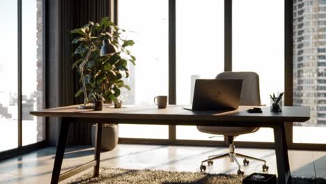 modern office interior design featuring a sleek desk, comfortable chair, and large windows overlooking a cityscape, perfect for productivity and inspiration