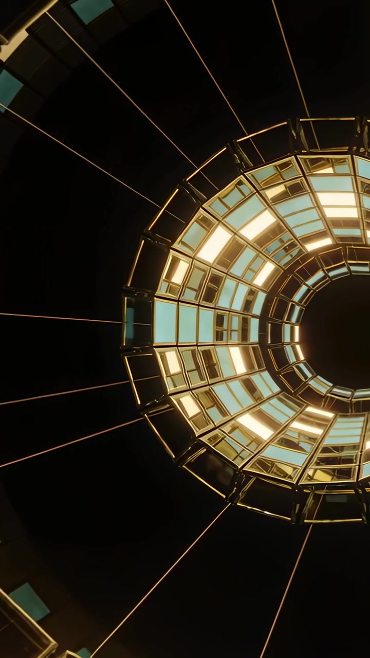 Video vertikal: Kamera berputar, miring, memusatkan skylight cincin di atrium menunjukkan panel emas-biru