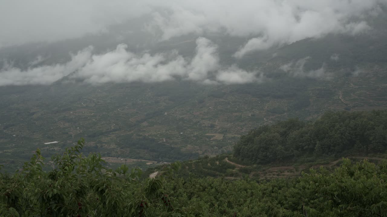 Timelapse van de Jerte-vallei met verdwijnende mist en wolken die zich vormen boven de kersenterrassen, Spanje.