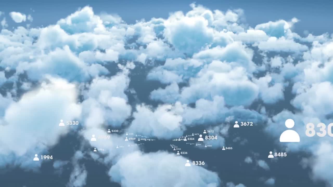 하늘 위의 아이콘과 숫자를 가진 연결 네트워크의 애니메이션