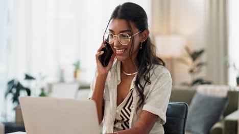 Woman,-phone-call-and-laptop-for-home