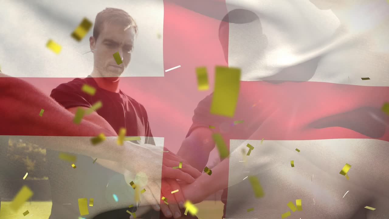 잉글랜드의  ⁇ 발과 다양한 남성 축구 선수들이 경기장에서 팀을 이루고 있는 콘페티의 애니메이션