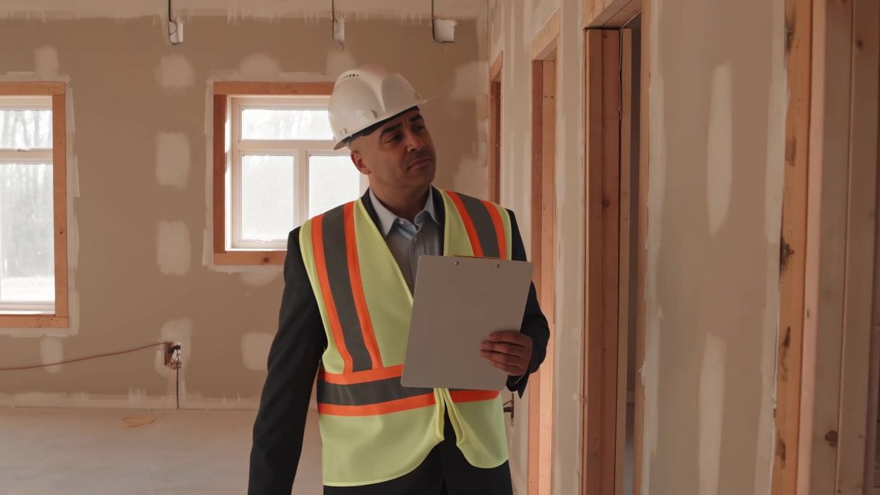 Un hombre se mueve lentamente a través de una habitación parcialmente terminada, llevando un portapapeles y revisando visualmente el marco de la puerta mientras la luz del día entra por las ventanas y paneles de yeso sin terminar lo rodean