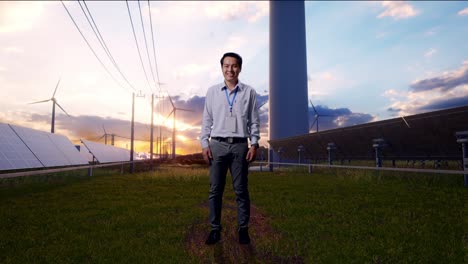 full body of an asian male professional worker standing with solar panel and wind turbines, he look at the camera and smiling