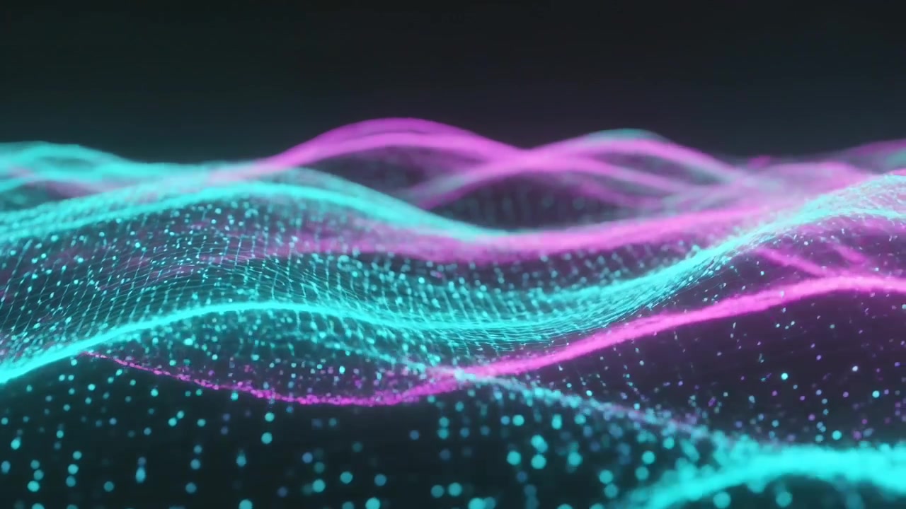 Animation starting, shifting cyan mesh and magenta ribbon moving across data field, conveying flow