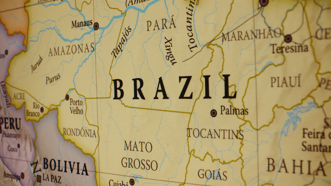 Close-up of a map showing Brazil and surrounding South American countries