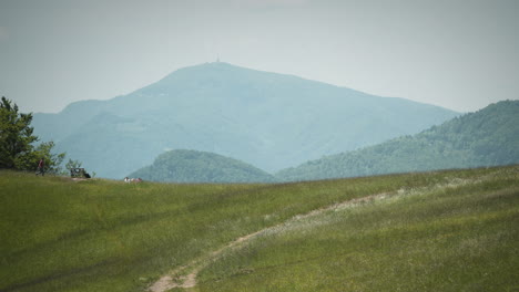 Un-Disparo-Desde-La-Distancia-De-Un-Joven-Caminando-Por-El-Campo-De-Hierba-De-Izquierda-A-Derecha