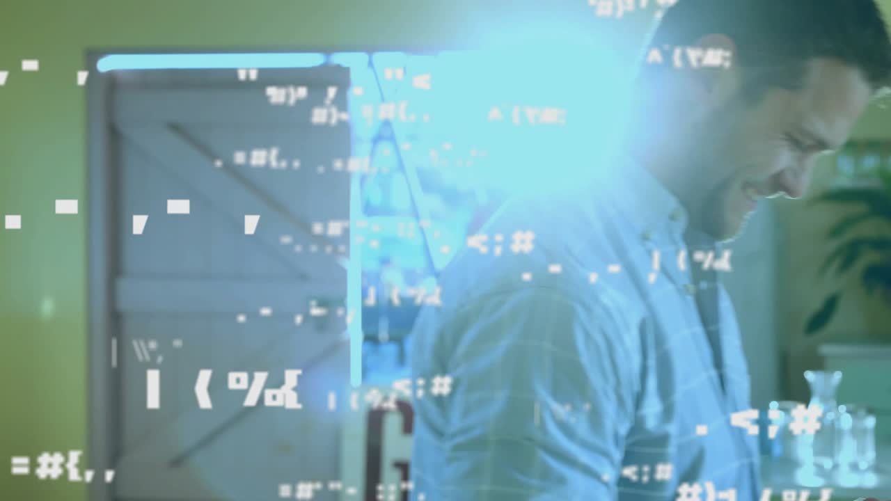 Man tapping smartphone browsing menu at dessert shop, white glyphs drifting over face and growing