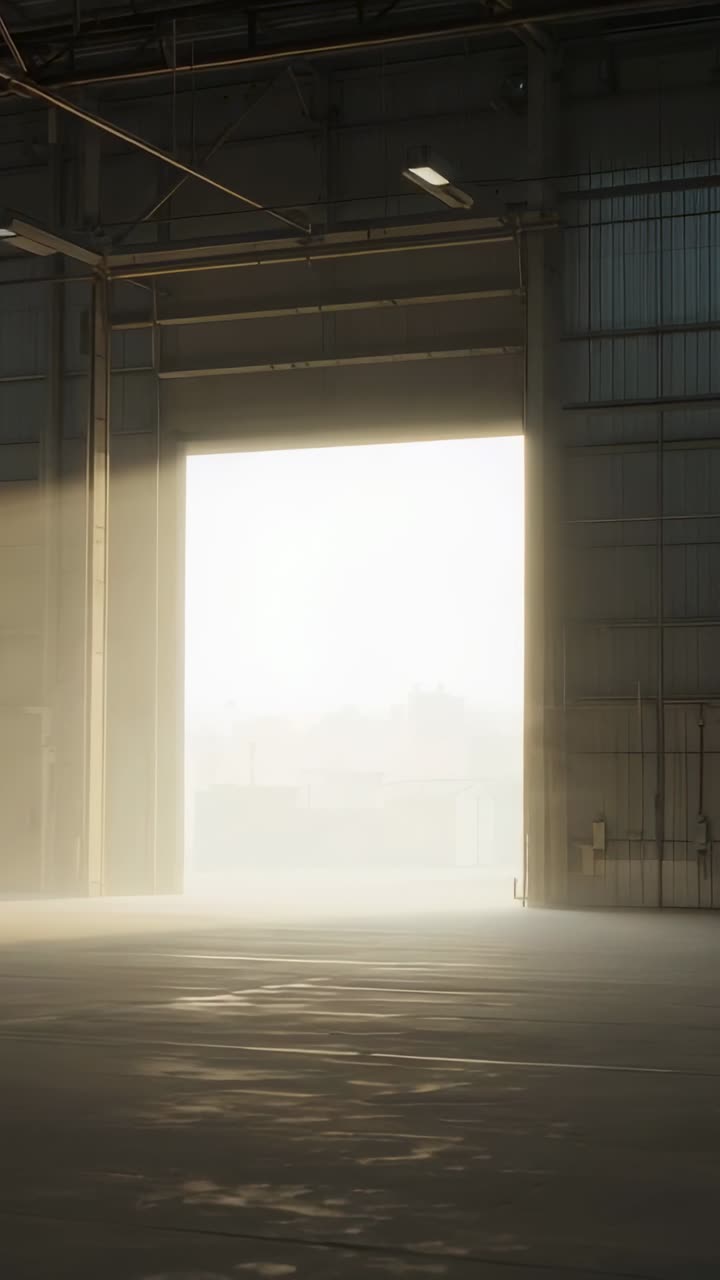 Vertical video: Roll-up doorway pouring light into hangar, sunlight rising and revealing floor dust